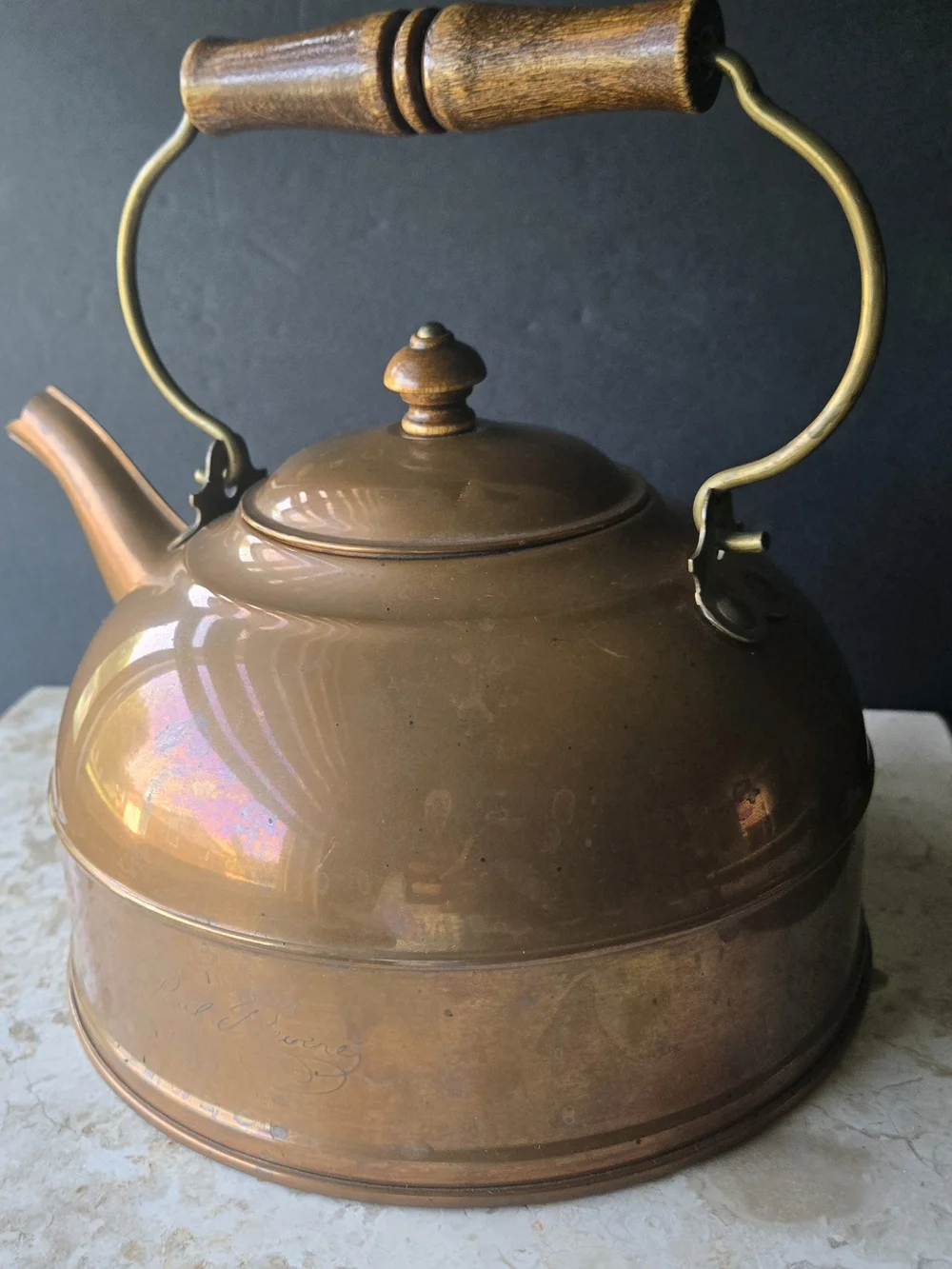 Copper-Tone Classic Whistling Teakettle with Wooden Handle